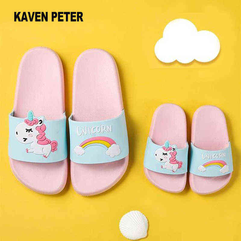 Parent-child slippers cartoon rainbow unicorn slippers baby boy girl children summer beach sandals kids indoor Home Shoes 211119