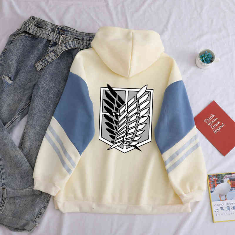 Attack on Titan Shield Printed Hoodies Autumn Winter Fleece Casual Spell Color Splicing Sweatshirt Loose Harajuku Kawaii Clothes 211206