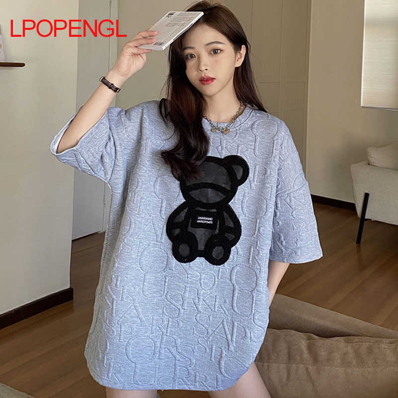 Women's T-shirts Harajuku Kawaii Girls Anime Y2K Tops Letter Jacquard O-neck Short Sleeves Loose Summer Tshirt Bear White Tees 210720