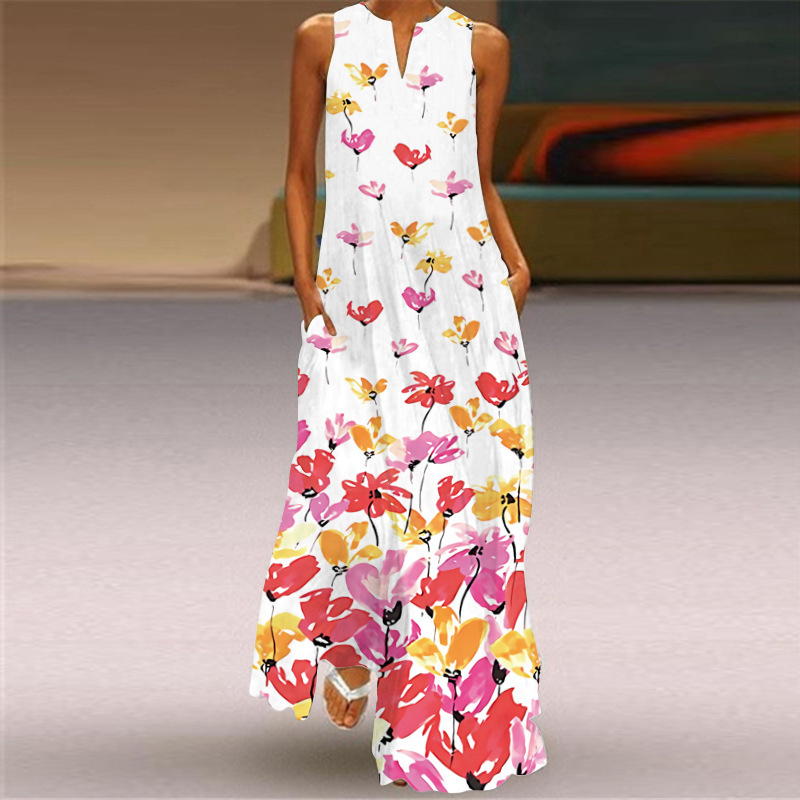 Women Maxi Dress Summer Beach 3D Flower Butterfly Printed Sleeveless Elegant V Neck Casual Plus Size Vestidos es 210522