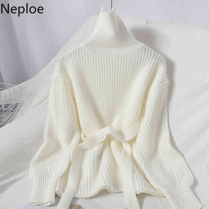 Neploe Winter Clothes Woman Sweaters Tuitleneck Lace Up Knitted Pullovers Women Korean Temperament Loose Jumper Sueter Mujer 210422