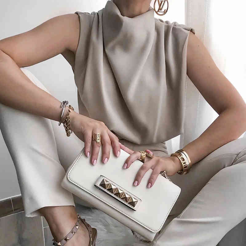 VGH White Elegant Shirts For Women Stand Collar Sleeveless Patchwork Zipper Minimalist Loose Casual Blouses Female Tide New 210421