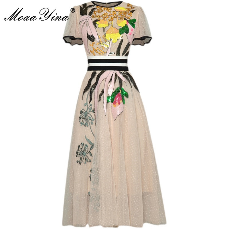 Fashion Runway Summer Vintage Party Dress Women Short sleeve Elastic waist Sequins Embroidered Mesh Midi 210524, Apricot
Fashion Runway Summer Vintage Party Dress Women Short sleeve Elastic waist Sequins Embroidered Mesh Midi 210524, Apricot