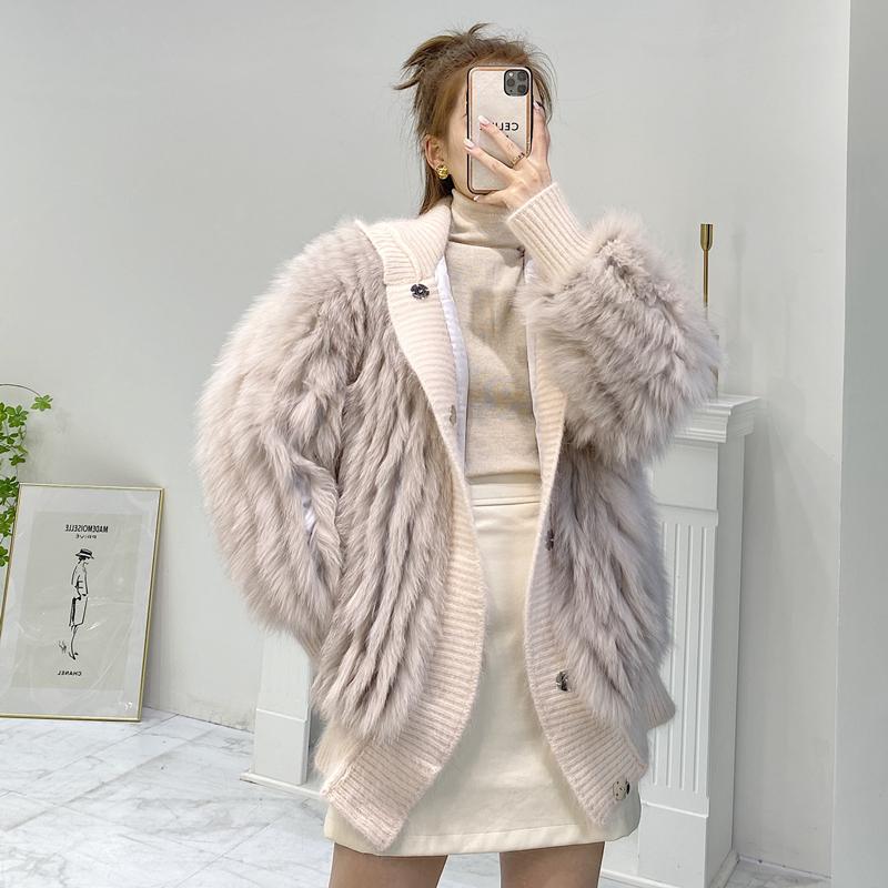 Women's Fur & Faux Knitted Hood Real Coats Women Fashion Jacket Nice Genuine Coat For Winter Stripe Sewed Together