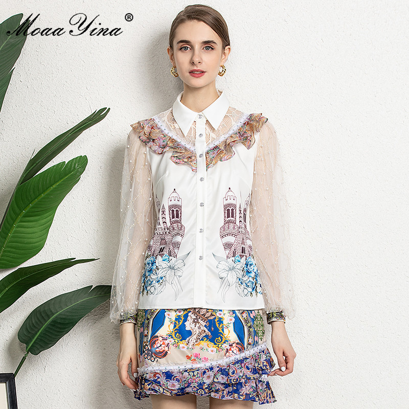 Fashion Runway Summer print Skirts Suit Women White Long sleeve Shirt and High waist Vintage Mini 2 Pieces 210524