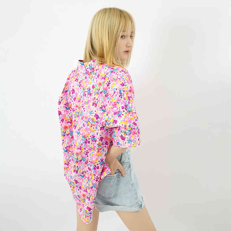 Yellow Floral Blouse Women's Summer Laple Large Size Single Breasted Short Sleeve Shirt Female Tide 5E322 210427