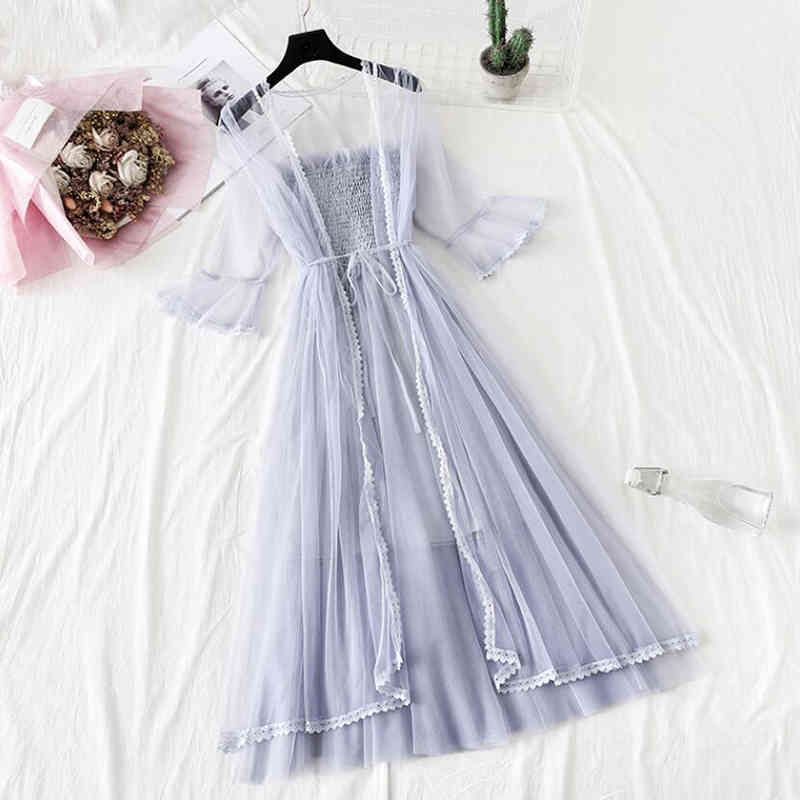 Women Suits Sweet Mesh Dress Flare Sleeve Sunscreen Cardigan + Pearl Sling Long Dress Female Princess Dress 2 Piece Set 210521