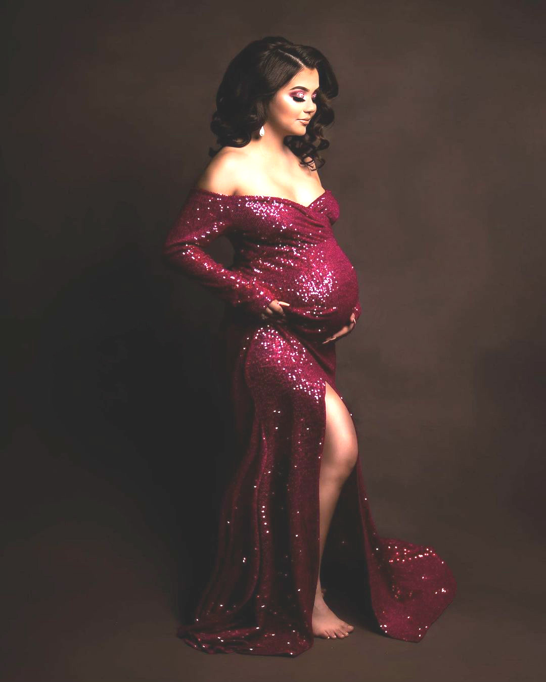 Fashion Pregnant Women Photoshoot Dress Sleepwear Sparkly Sequins Off Shoulder Long Sleeve Party Evening Gown Bathrobe Nightdress