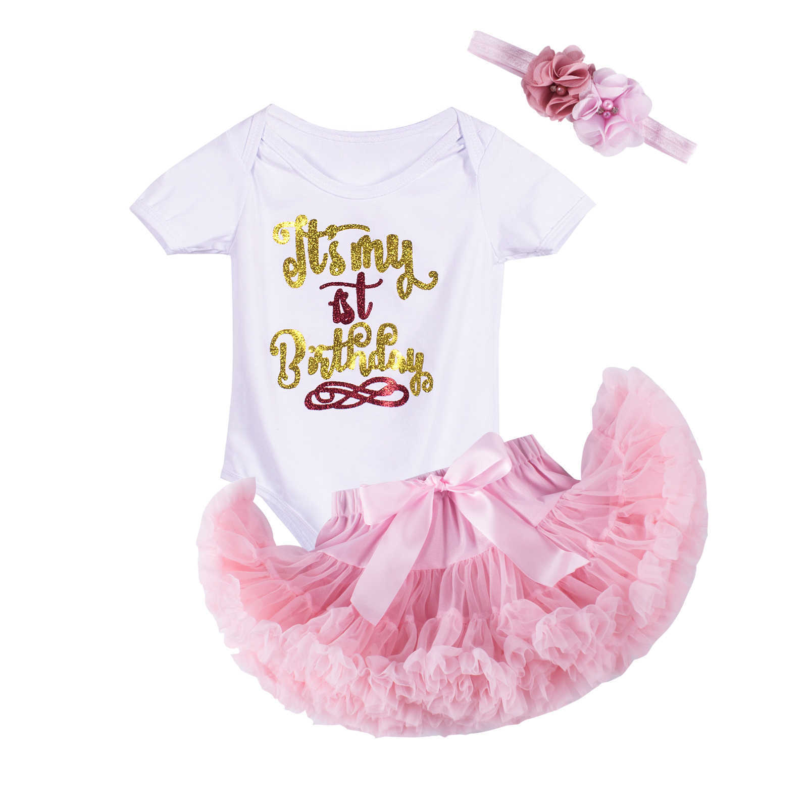 Baby girls Birthday outfits Infant 1st party tutu clothes set with headband White Bodysuit pettiskirt suit for baby 210806