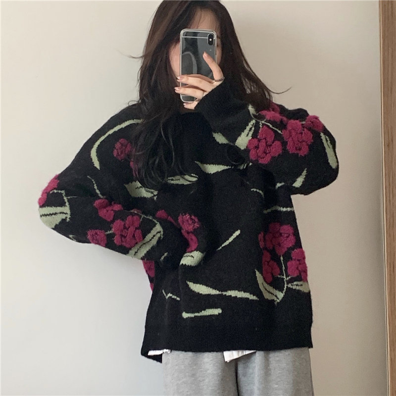 Vintage Print Elegant Loose Knitted Pullovers Embroidery Winter Sweater Women OL Outwear Tops Sweaters Female 210421