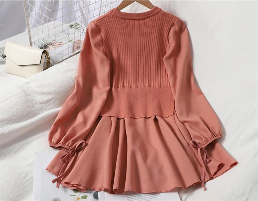Spring 2021 Fake Two Knitwear Dress Women Korean Patchwork Ruffles Knitted Vestidos O-neck Slim Fit Sweet Pleated Dresses Casual