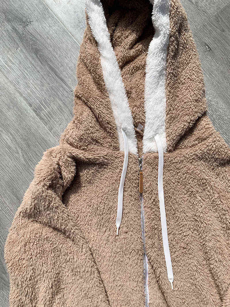 Fashion Women's Winter Jacket Plush Patchwork Zipper Pocket Hooded Solid Jackets Women Retro Loose Long Sleeve Plus Size Coat 211123