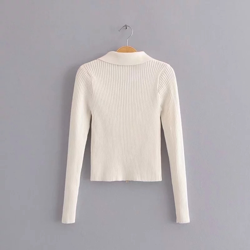 Women Dual Zipper Ribbed Sweater Shirt Cropped Knit Cardigans 210512