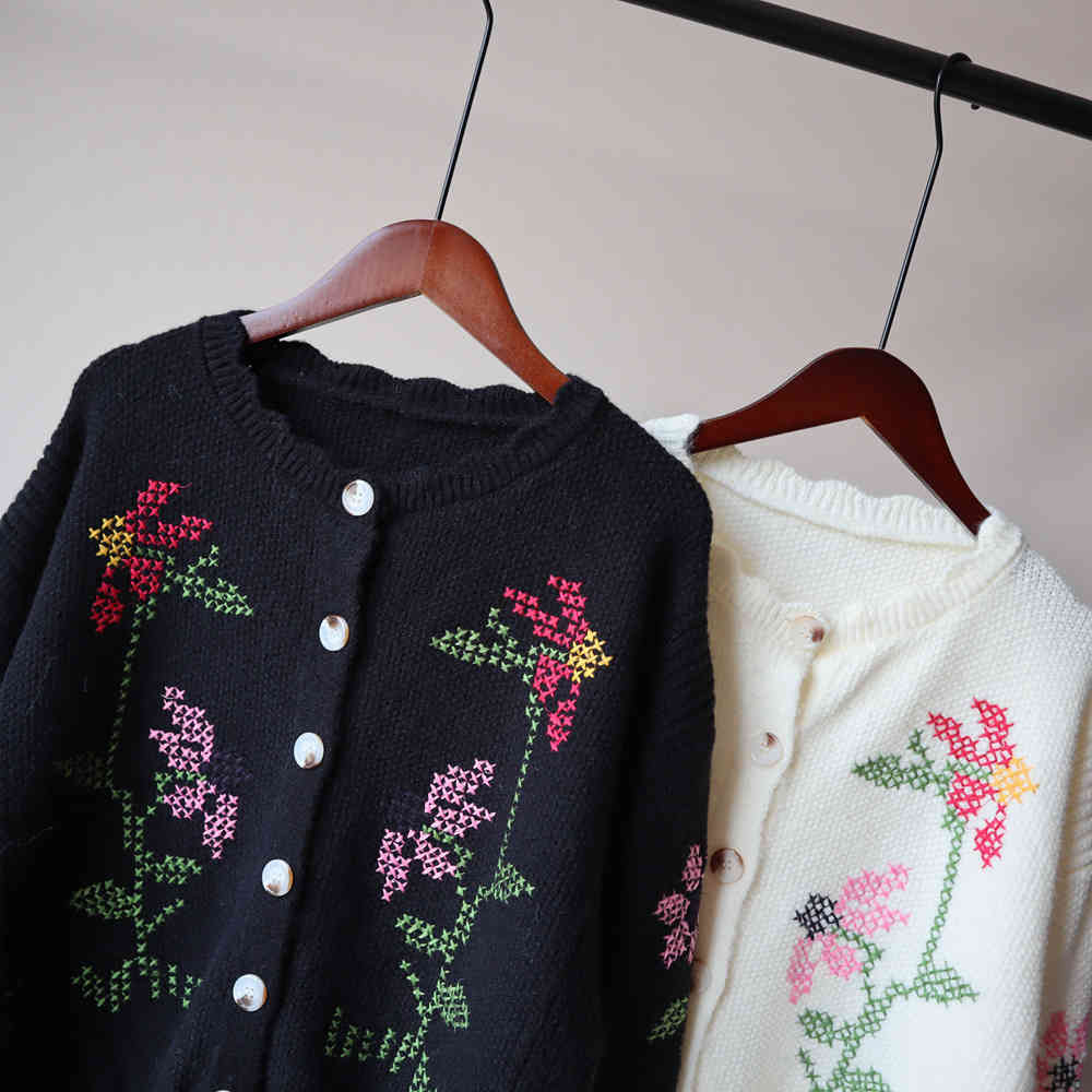 Nomikuma Pull Femme Floral Embroidery Long Sleeve O-neck Sweater Coat Autumn Winter Knitted Short Women Cardigans 6C299 210427