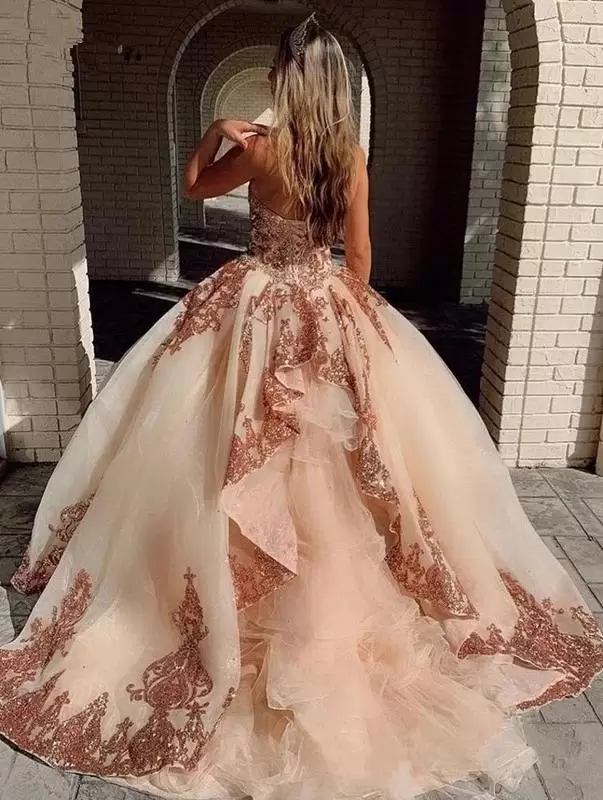 Luxury Shiny Rose Gold Sequined Quinceanera Dresses Princess Sweetheart Sequins Ball Gowns Sweet 16 Dress Corset Back Party Prom Evening Gowns vestido