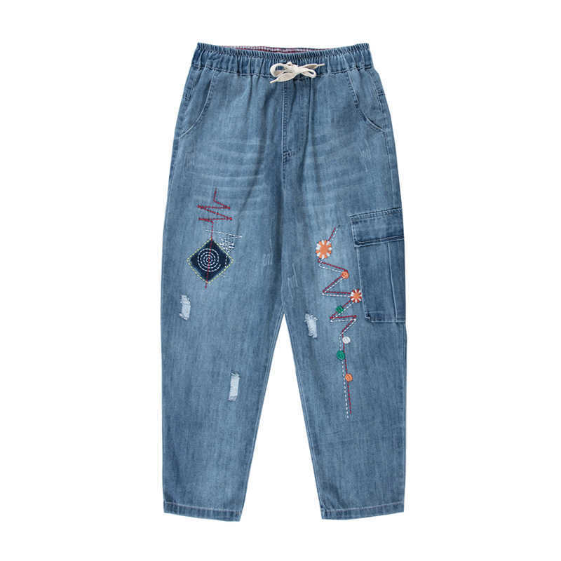 9265 Spring Summer Fashion Women Embroidery Scratches Ankle Length Jeans Office Lady Elastic Waist Blue Casual Harem Denim Pants 210922