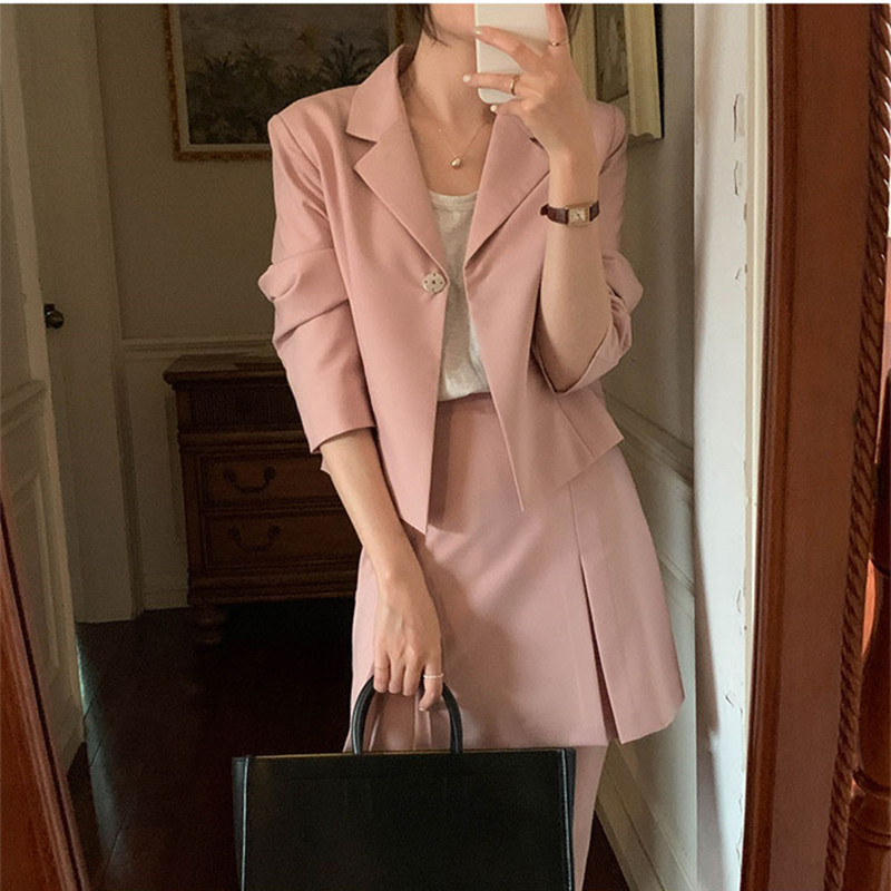 2pcs SM women Blazer Skirt set spring autumn Preppy style pink Green blazer+mini skirts two pieces Clothing set (X1875) 210423