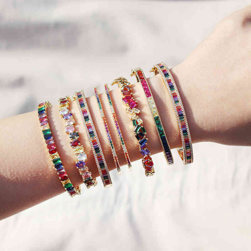 Adjusted Gold Filled Rainbow Baguette Cz Bangles for Women Gilr Colorful Cubic Zirconia Bracelet Fashion Crystal Jewelry