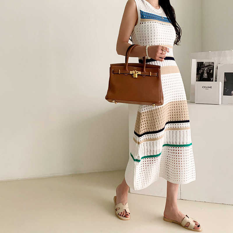 LANMREM Summer recommended Korean elegant small hollow-out fashion stretch dress summer knitted sling dresses WO0150 210623