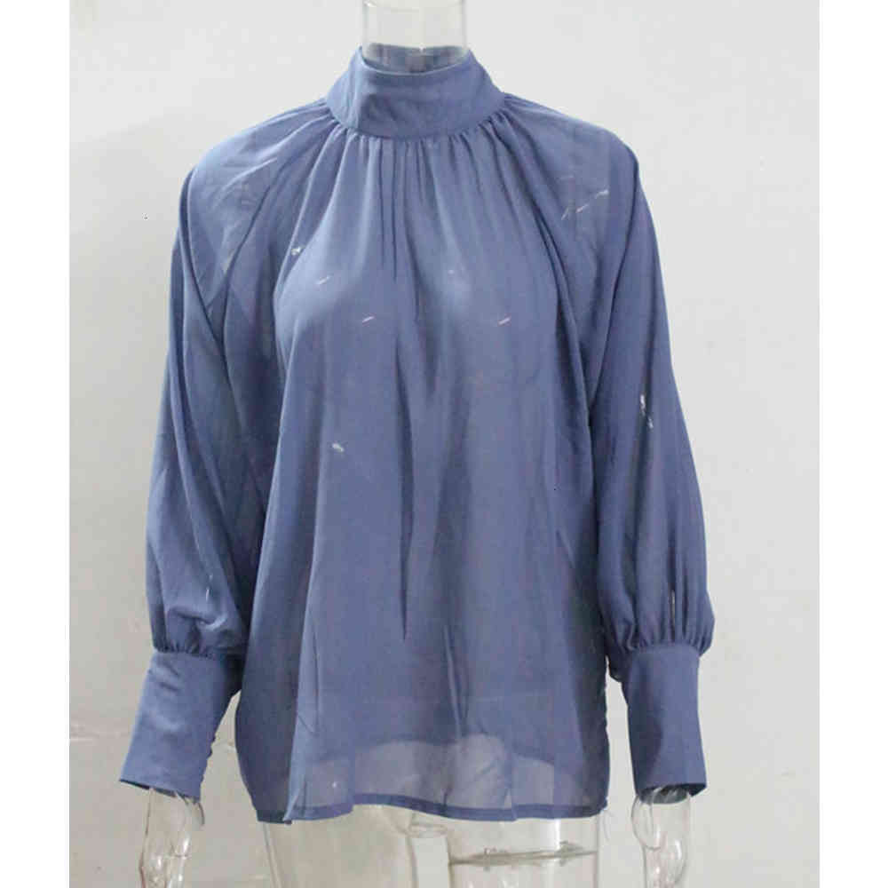 Women Elegant Stand Neck Batwing Long Sleeve Loose Blouse Autumn Female Office Chiffon Shirts Solid Button Tops 210428