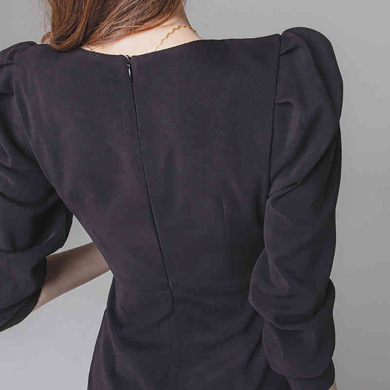 Autumn Korea Fashion Women Pure Color Dress Temperament V-neck Long Sleeve Wrapped Hip Slim Office Casual Ladies 210506
