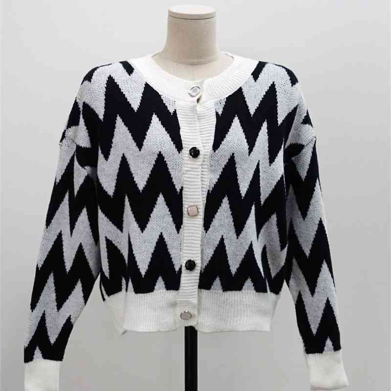 Geometric Knitted Korean Cardigans Sweaters Women Autumn Single Breasted Long Sleeve Tops Fashion Ladies Vintage Jumpers 210514