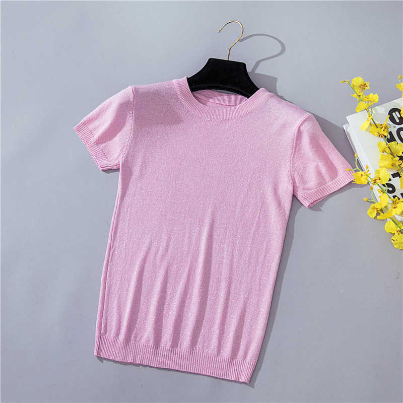 Thin Bright Silk T-Shirt Female Knitted T Women Clothes Short Sleeve Summer Tops Elasticity Tee Femme Camisas Mujer 210615Z