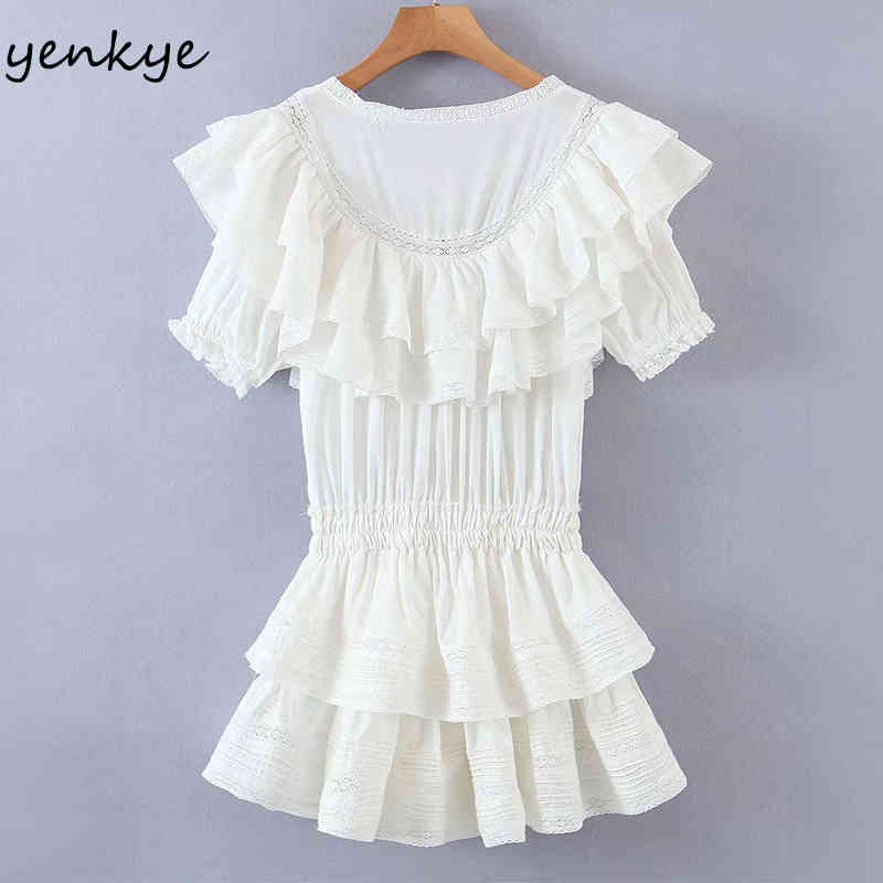 Summer Women Sweet Lace White Dress Female Short Sleeve Layered Ruffle Cake Party Mini Vestido 210430