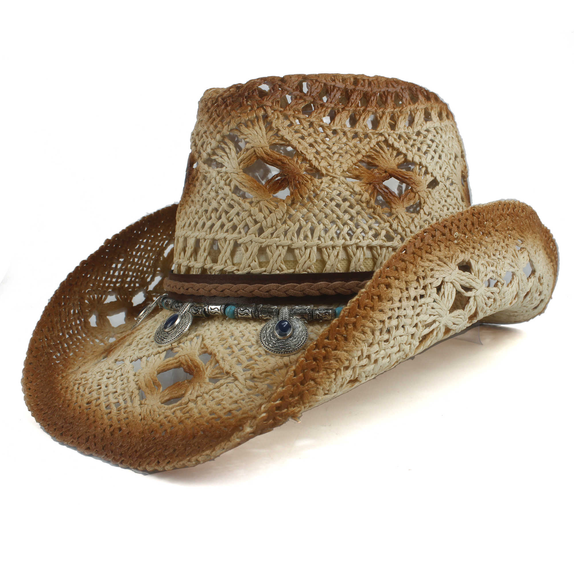 Retro Women Straw Hollow Western Cowboy Hat Lady Roll Up Brim Bohemia Tassel Sombrero Hombre Beach Cowgirl Jazz Sun Hat Q0805