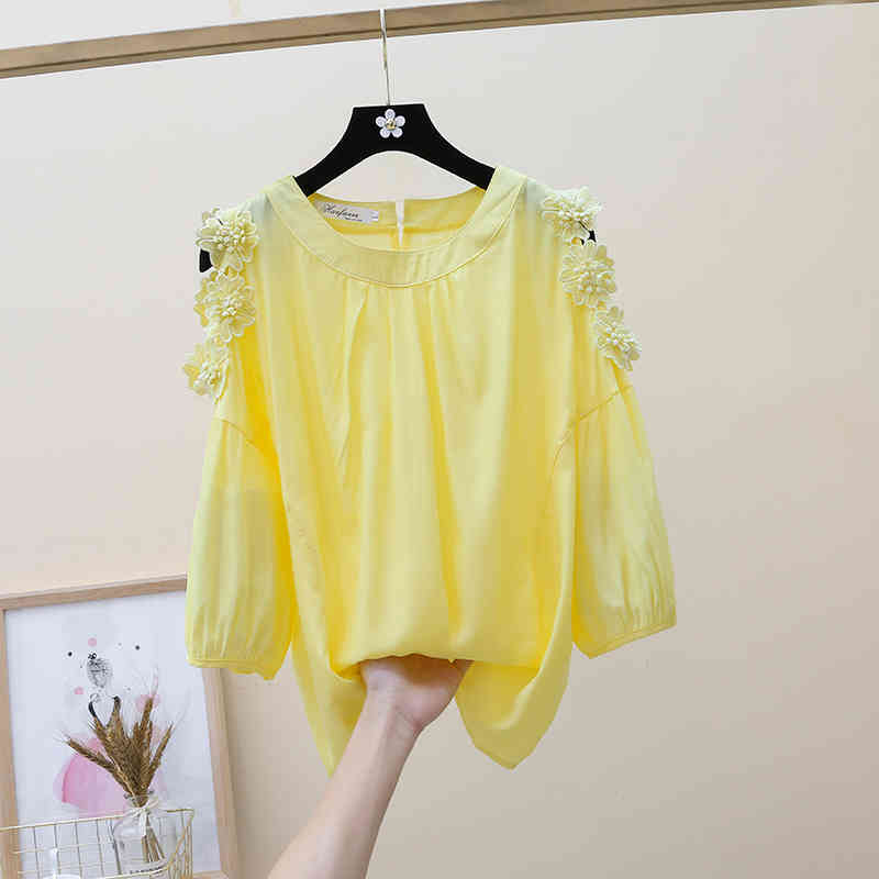 Spring and Summer Korean Loose Slim Fit Women Tops Off Shoulder Flower Embellishment Solid Chiffon Blouse 9531 210427