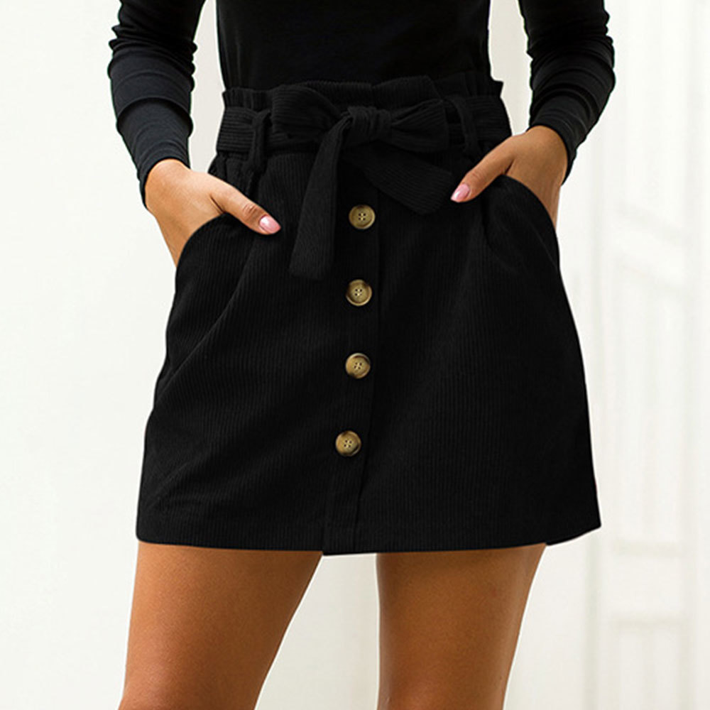 Women Winter Spring Vintage Corduroy Button Skirt Casual High Waist Harajuku Solid a Line Mini with Sashes 210428
