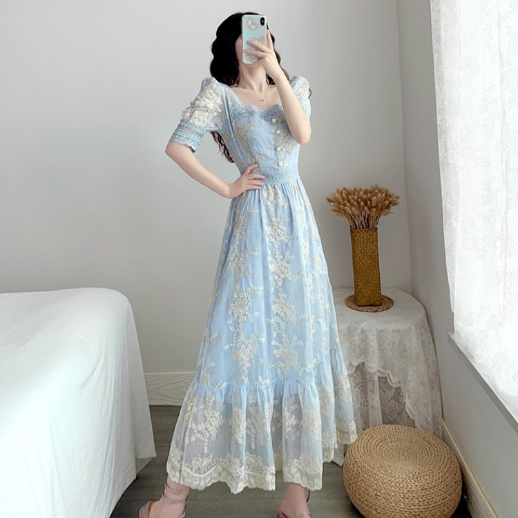 Summer Sweet Lace Embroidery Party Dresses Elegant Square Collar Puff Sleeve Casual Button A Line Ruffles Boho Long Dress 210519