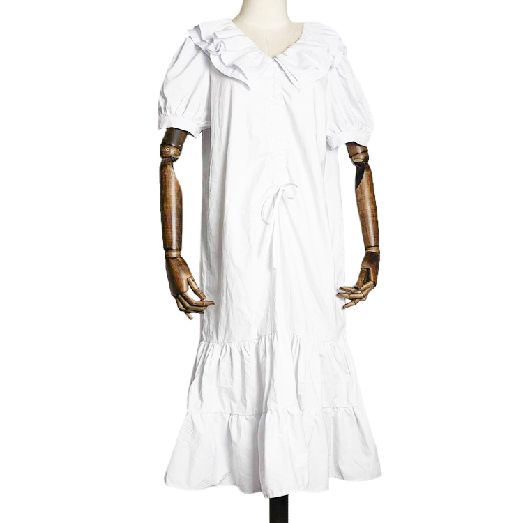 Elegant Korean Solid Casual Women Dress Ruffled Collar Puff Sleeve Ruched Mermaid Midi Dresses Loose Fashion Summer 210506