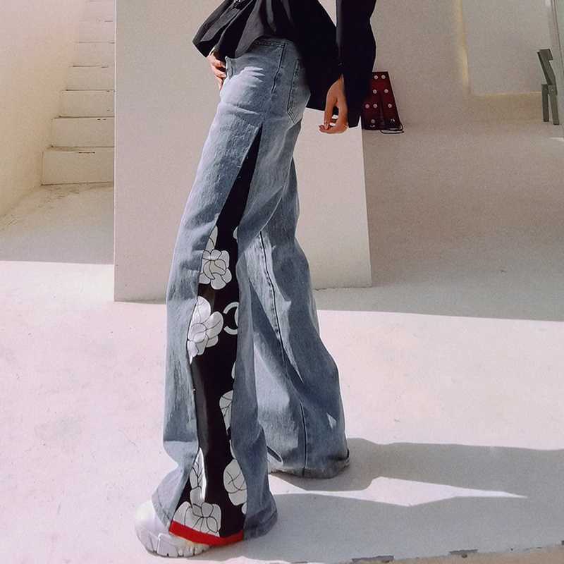 Patchwork Hit Color Wide Leg Soft Washed Jeans High Waist Loose Woman Pants Elegant Temperament Silm Denim Bottoms 210525