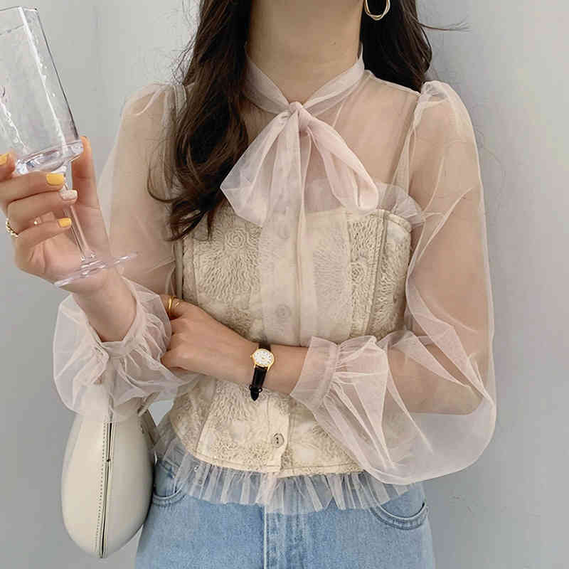 Nomikuma Perspective Mesh Lace Patchwork Women Blouse Long Sleeve Bow Tie Collar Slim Elegant Blusas Femme Korean Shirt 6E091 210427