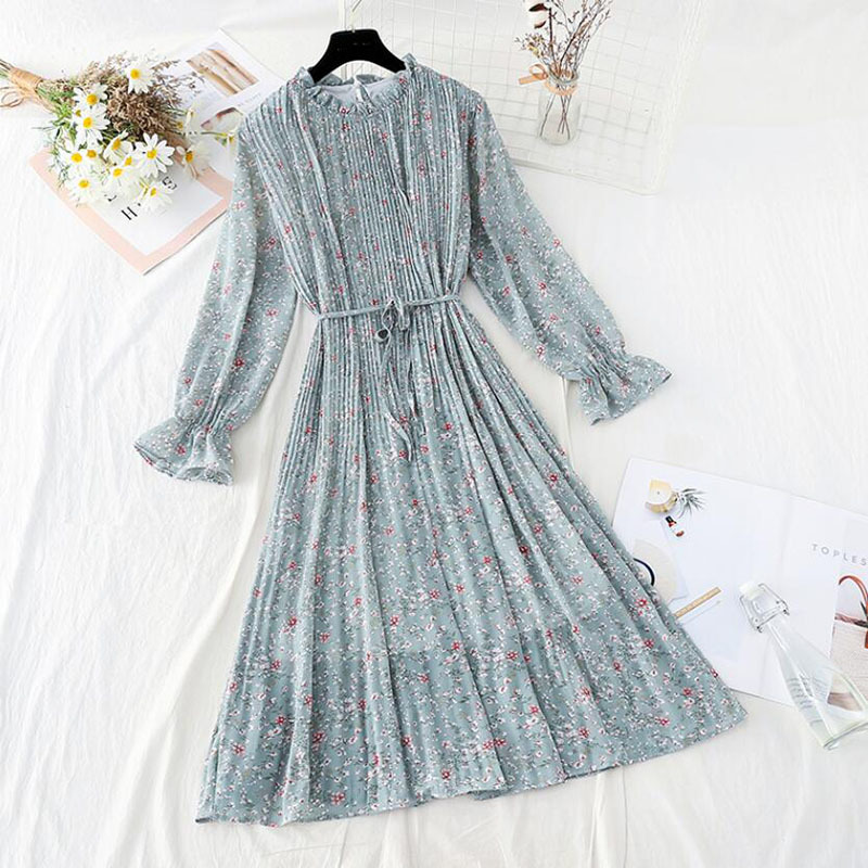Spring Summer Pleated Chiffon Dress Women Elegant Lotus Leaf Collar Long Sleeve Floral Long Dress Loose Party Vestidos 210521