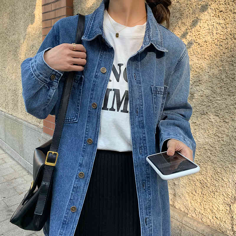 SML Vintage Denim Shirt Women Korean Long Sleeve Single Breasted Basic Jeans Blouse Pocket Femme (78627 210423