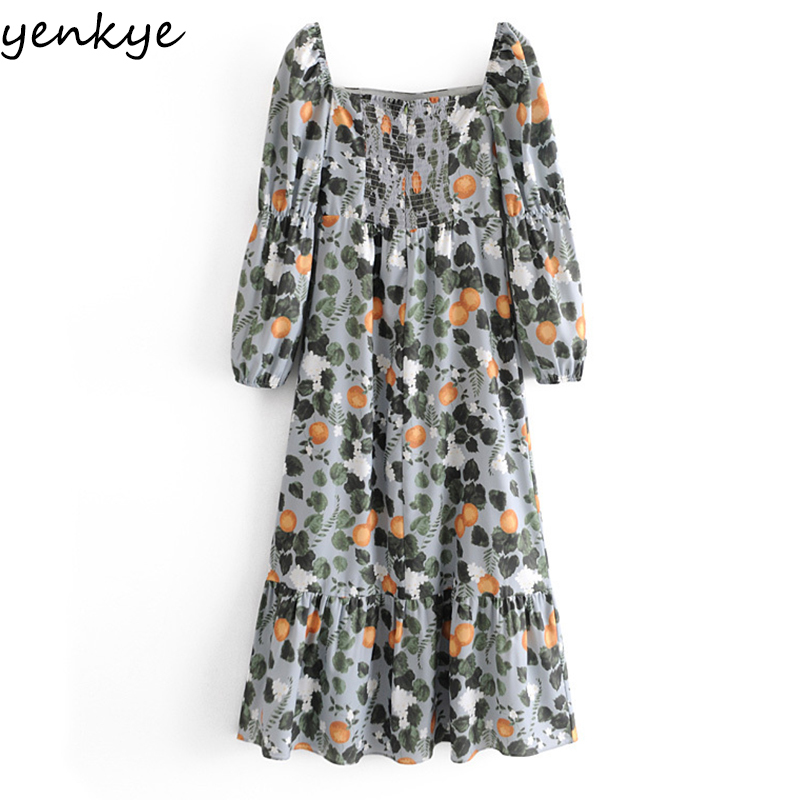 Vintage Lemon leaves Print Prairie Chic Dress Women Sexy Square Neck Long Sleeve A-line Chiffon Summer Vestido 210430