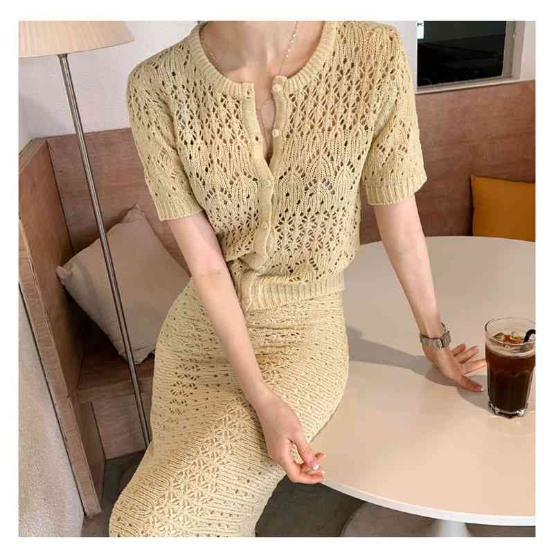 Matching Sets White O Neck Short Sleeve Lace Hollow Out Cardigan Top Thin Summer High Waist Wrap Hip Mermaid Skirt Korean Chic 210429