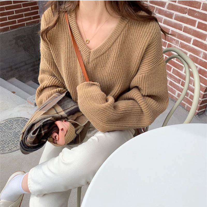 3Colors womens knitted Sweater Autumn and winter loose korean style female Loose V neck Sweaters and pullovers womens (X1716) 210423
