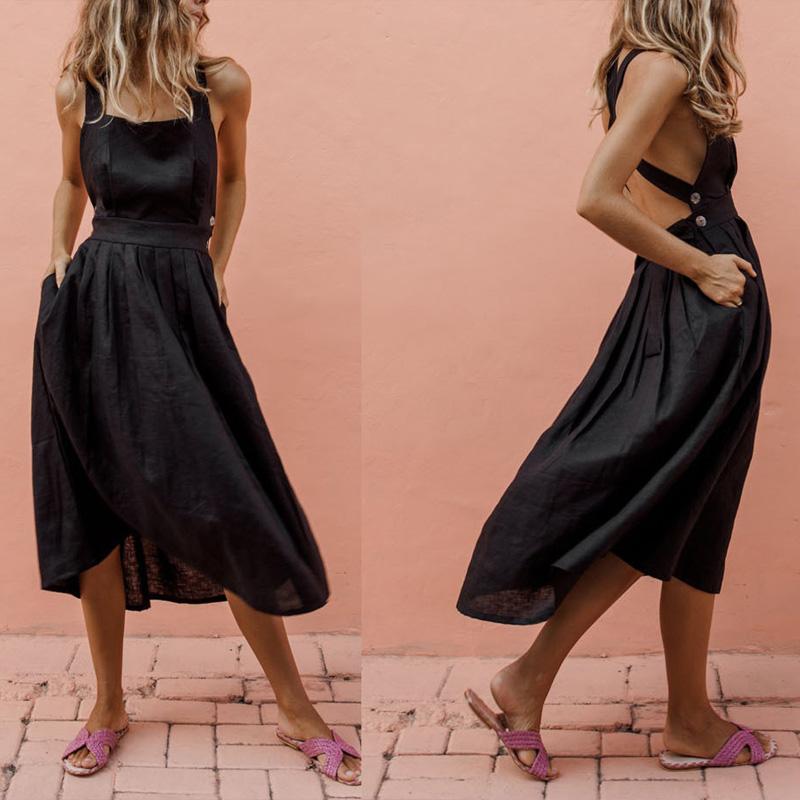 Women 2021 Summer Boho Dress Strappy Long Maxi Sexy Button Waist Backless Party Red Beachwear Sundress Casual Dresses