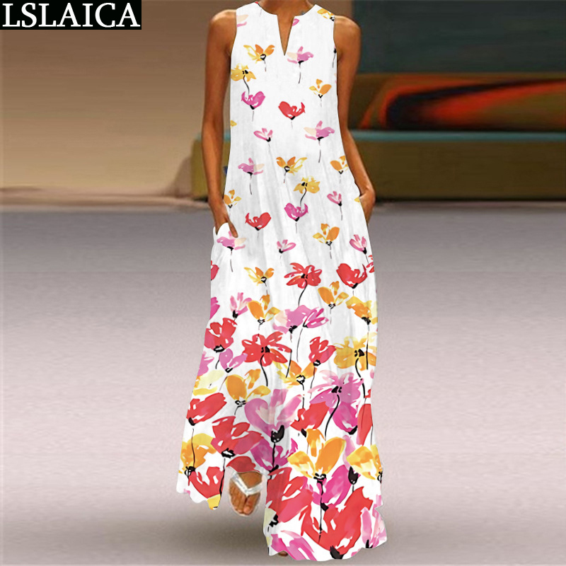 Sale Beach Dress Sleevless V Neck Froal Print Big Swing Summer Africa for Women Plus Size S-5XL Fashion Long Robe 210515