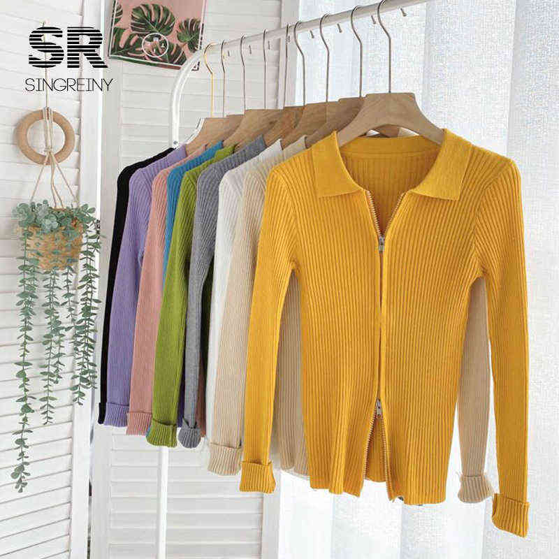 SINGREINY Autumn Zipper Knitted Sweater Women Turndown-Collar Long Sleeve Elastic Knitted Tops Winter Fashion Basic Sweaters 211109