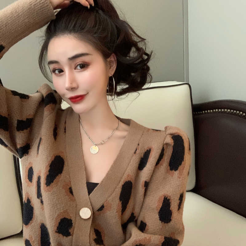 Nomikuma Vintage Leopard Knitted Cardigan Coat Causal Puff Long Sleeve V-neck Sweater Women Knitwear Jacket 6D728 211011Z