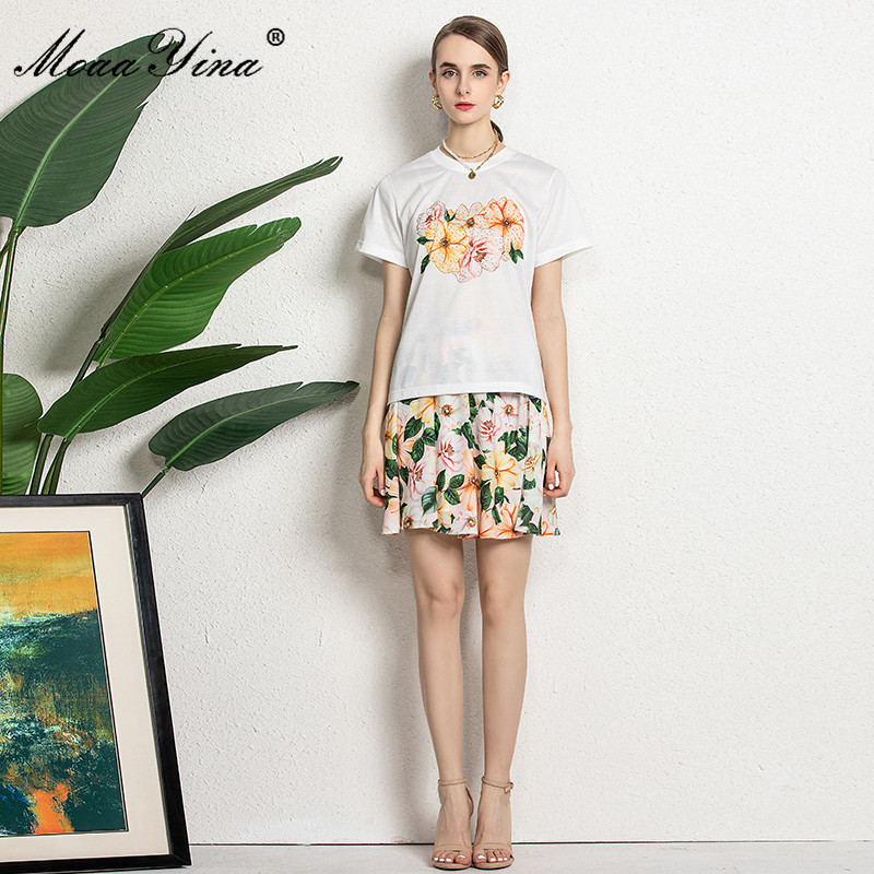 Summer Vintage Floral print Short Skirts Set Women Casual White T-Shirt and Two Pieces Suit 210524