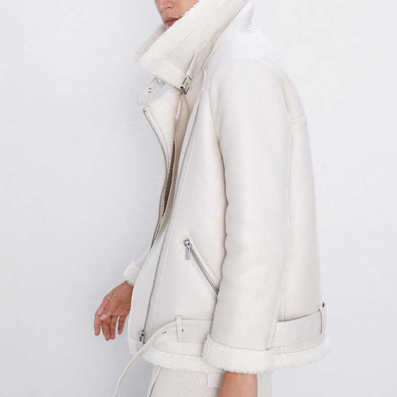 Ly Varey Lin Winter Faux Lamb Leather Jacket Women Faux Leather Lambs Wool Fur Collar Pu Moto Zipper Jacket Warm Thick Outerwear 210908