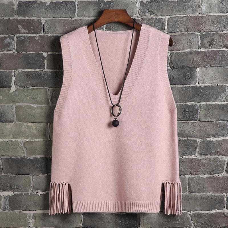 V-neck Sweater Vest Women Casual Loose Fringed Student Knitted Halter Korean Version of The Wild Spring Jumper Girl 210819