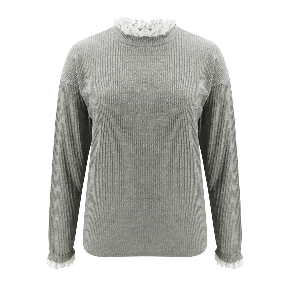 Women Sweaters Fashion Pure Gray Crewneck Ribbed Knitted Stitching Lace Pullover Jumpers Tops Autumn Spring New Clothes 210415