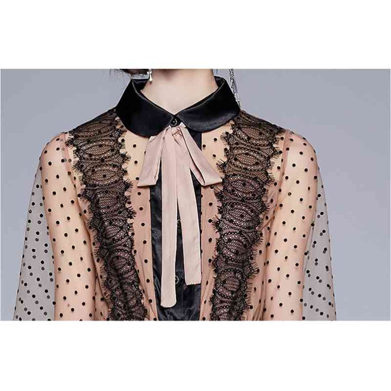 Fashion Runway Mesh Mid-Length Dress Robe Women Long Sleeve Elegant Bow Collar Party Dresses Vestidos 210520