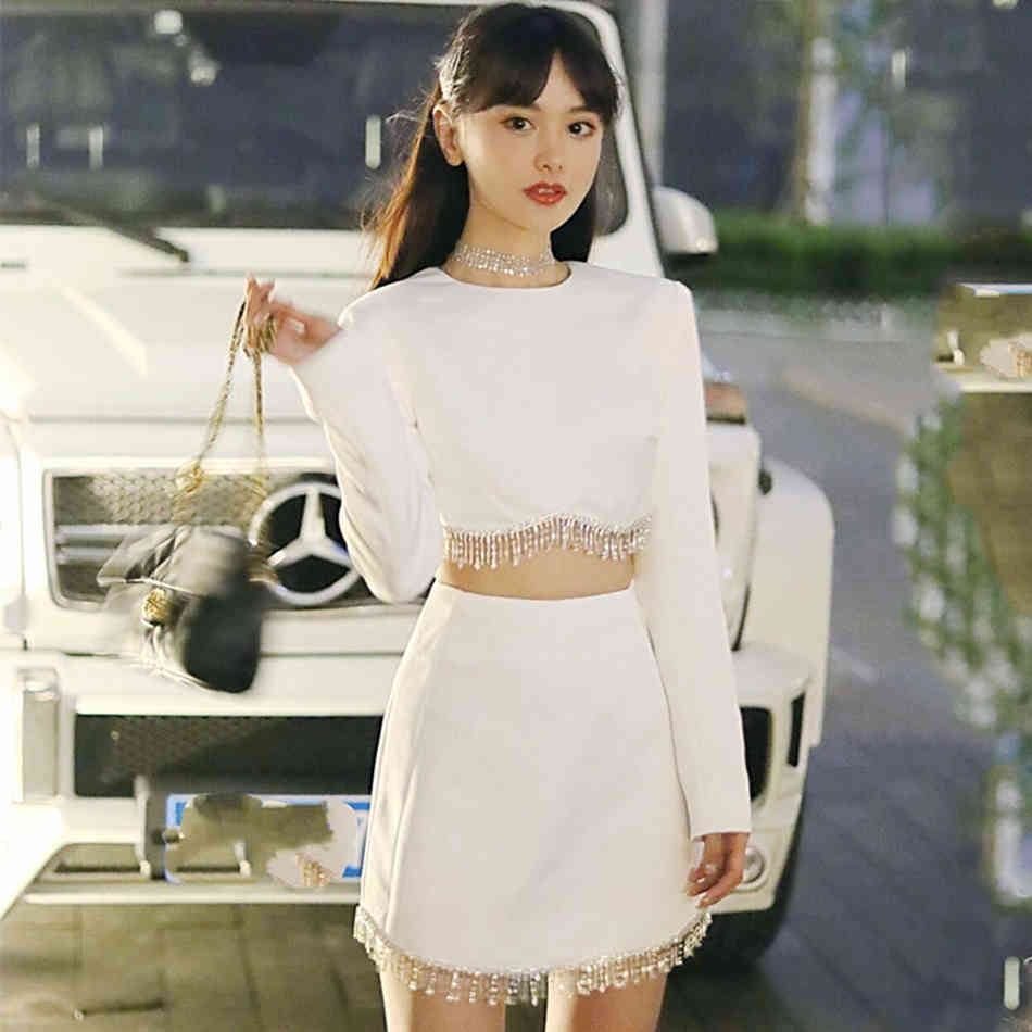 Free Fashion Women Set Sexy Diamond Tassel Long Sleeve Short Top & Mini Skirt Two-piece Party 210524